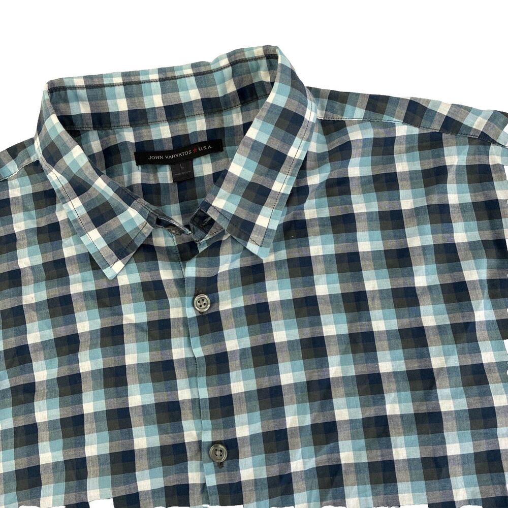 Mens John Varvatos Short Sleeve Button Up Shirt Size‎ Large Blue Plaid Preppy
